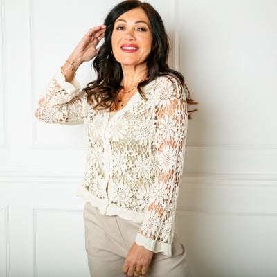 The Crochet Cardigan in stone cream with a beautiful scalloped trim on the cuffs, neckline and bottom hemline